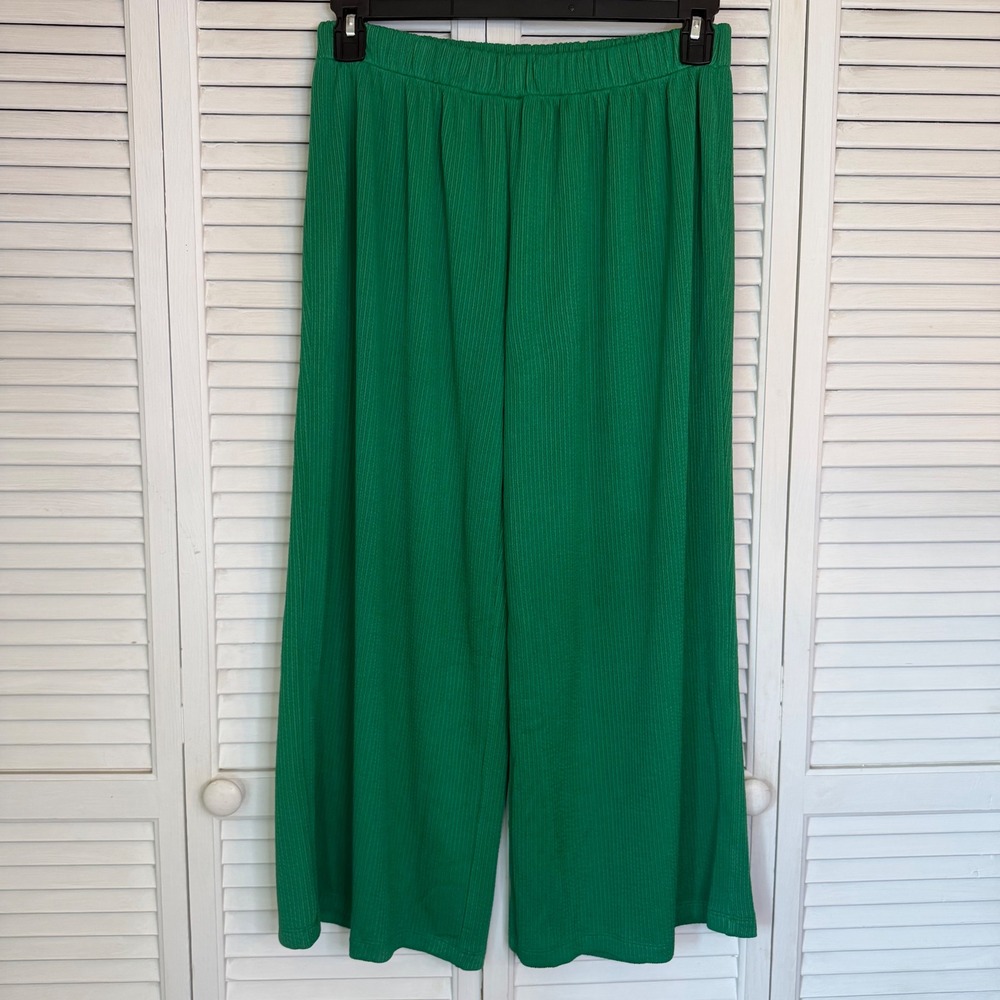 Dear Scarlett Kelly Green Ribbed Wide Leg Pants Womens Medium Travel Cruise NWOT
